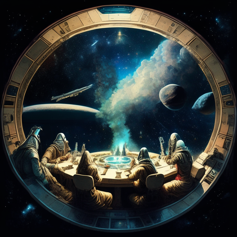 King Arthur and the knights of the round table last supper ganja smoking joints at their spaceship cockpit looking out at the galaxy. 