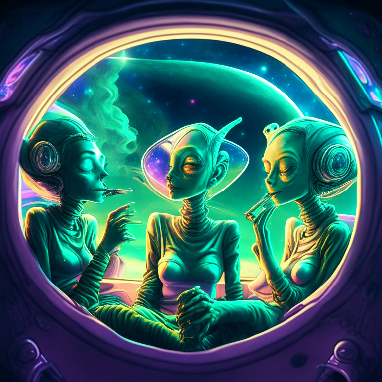 3 female aliens smoking joints at their spaceship cockpit looking out at the galaxy. 