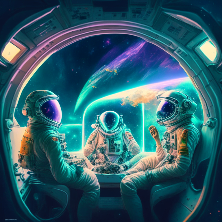 1 male astronauts and 2 female aliens smoking joints at their spaceship cockpit looking out at the galaxy. 
