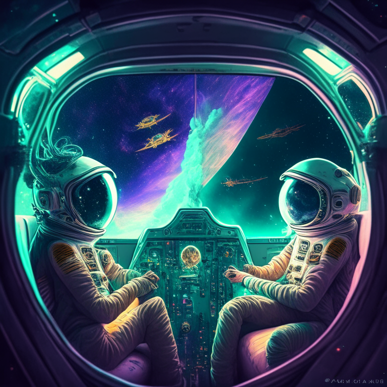 1 male human astronaut and 2 female aliens smoking joints at their spaceship cockpit looking out at the galaxy. 