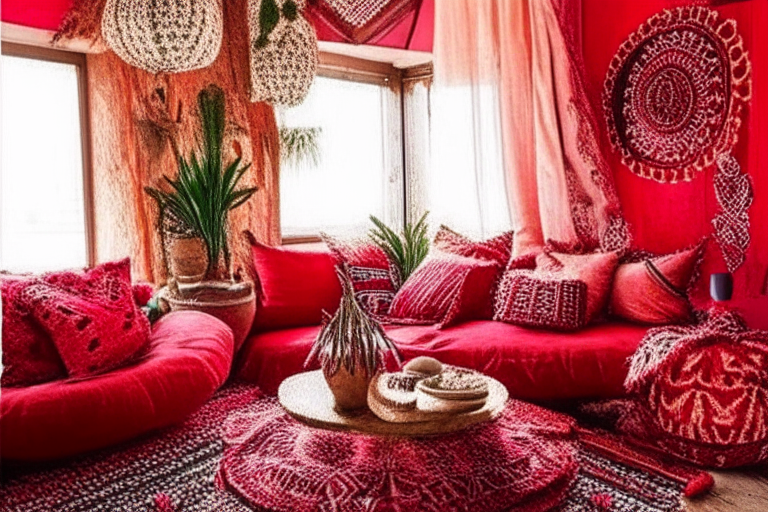 boho interior design with red accents