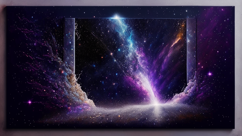 The End of Universe glitching into The Beginning of Universe, in a magical realism glitter on canvas style