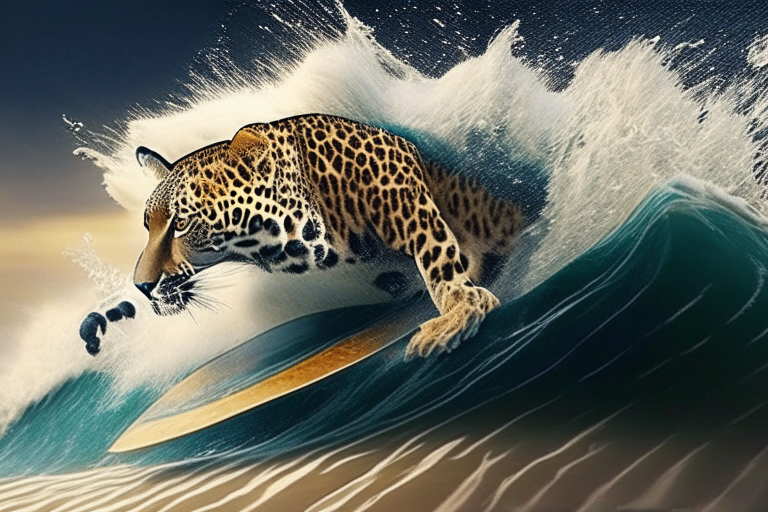 a leopard surfing on a big wave