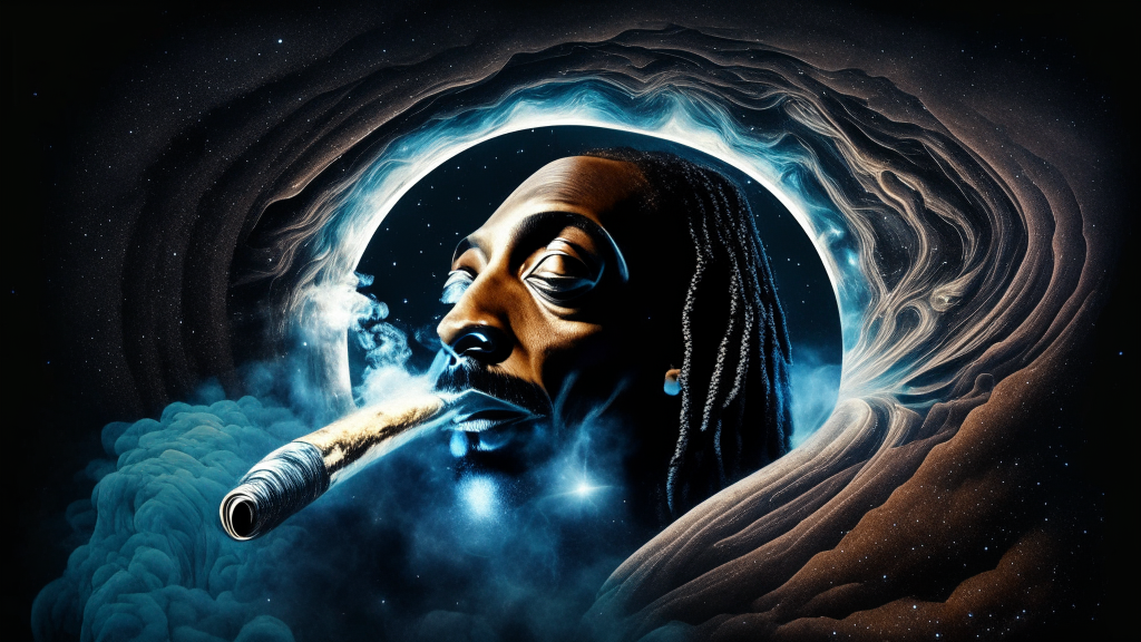 Snoop Dogg smoking a huge blunt in front of a black hole, with digital wave symbolism and highly detailed textures