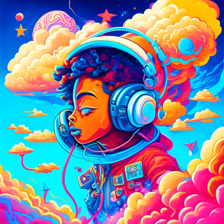 Highly detailed portrait of a cute rapper gangster astronaut listening to music with headphones. It has a bright and cheery color scheme, featuring a mix of pastel blues, reds, and yellows, standing surrounded by a swirl of energy. The background is a colorful cartoon landscape, with fluffy clouds on a clear blue sky. The background is a dense, chaotic landscape, with a futuristic cityscape visible in the distance. by atey ghailan, by eduard hopper, by greg tocchini, by james gilleard, grunge aesthetic graffiti