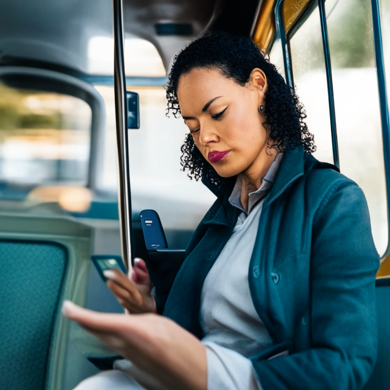 a woman on a bus looking at her cell phone