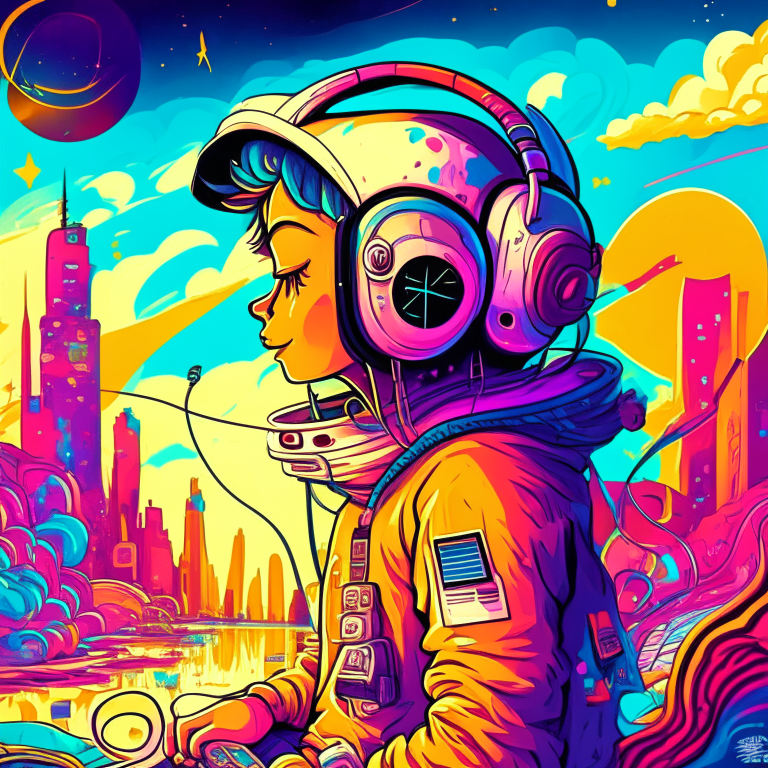 a cute rapper gangster astronaut listening to music with headphones, surrounded by a swirl of energy, with a colorful cartoon landscape in the background and a futuristic cityscape visible in the distance, with a grunge aesthetic graffiti style highly detailed portrait of a cute rapper gangster astronaut listening to music with headphones, with a bright and cheery color scheme featuring a mix of pastel blues, reds, and yellows, surrounded by a swirl of energy, with a colorful cartoon landscape in the background and a futuristic cityscape visible in the distance, with a grunge aesthetic graffiti style