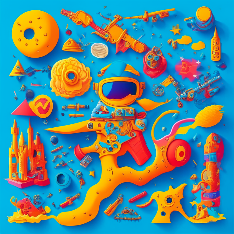 a knolling layout of magical Medieval pistols and magical pistol modifications, with a cute rapper gangster astronaut listening to music with headphones in the center, surrounded by a swirl of energy, on a bright and cheery background featuring a mix of pastel blues, reds, and yellows, with a dense, chaotic landscape in the background, inspired by the works of Atey Ghailan, Edward Hopper, Greg Tocchini, and James Gilleard, with a grunge aesthetic graffiti style