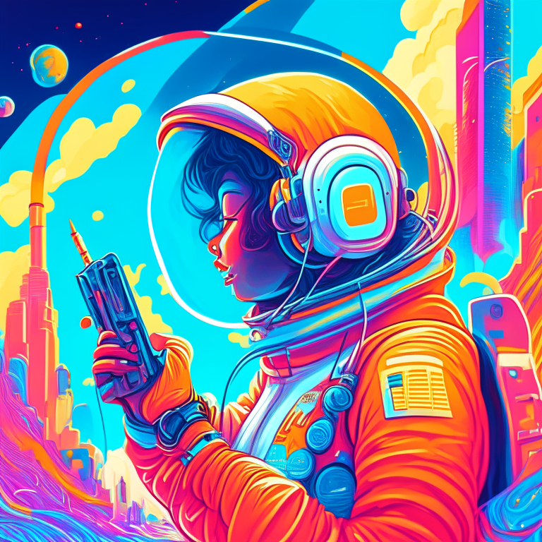 a highly detailed portrait of a cute rapper gangster astronaut listening to music with headphones, wearing a space suit, with a futuristic cityscape visible in the distance, holding a magical pistol, on a bright and cheery background featuring a mix of pastel blues, reds, and yellows, with a swirl of energy surrounding the astronaut, inspired by the works of Atey Ghailan, Edward Hopper, Greg Tocchini, and James Gilleard, with a grunge aesthetic graffiti style