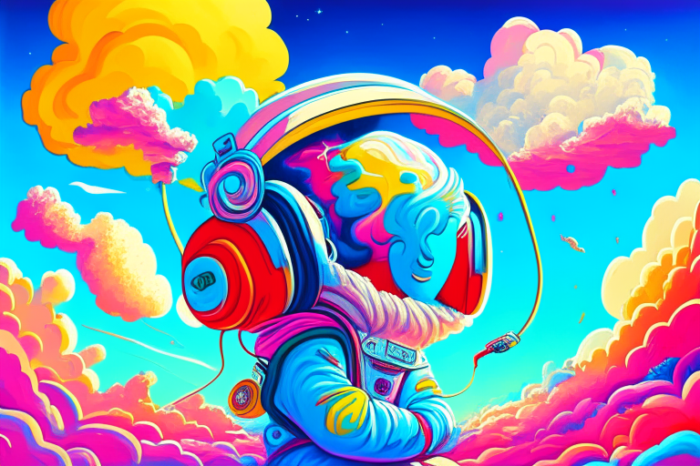 a highly detailed portrait of a cute rapee gangster astronaut listening to music with headphones, surrounded by a swirl of energy, with a bright and cheery color scheme featuring a mix of pastel blues, reds, and yellows. The background is a colorful cartoon landscape with fluffy clouds on a clear blue sky, and a dense, chaotic landscape with a futuristic cityscape visible in the distance. The style is inspired by Atey Ghailan, Eduard Hopper, Greg Tocchini, James Gilleard, and grunge aesthetic graffiti. The astronaut is holding a weapon and smoking a cigarette while driving a convertible.