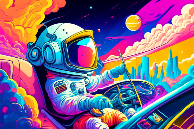 a cute astronaut gangster wearing headphones, holding a weapon and smoking a cigarette while driving a convertible. The astronaut is surrounded by a swirl of energy, with a bright and cheery color scheme featuring a mix of pastel blues, reds, and yellows. The background is a dense, chaotic landscape with a futuristic cityscape visible in the distance. The style is inspired by Atey Ghailan, Eduard Hopper, Greg Tocchini, James Gilleard, and grunge aesthetic graffiti.