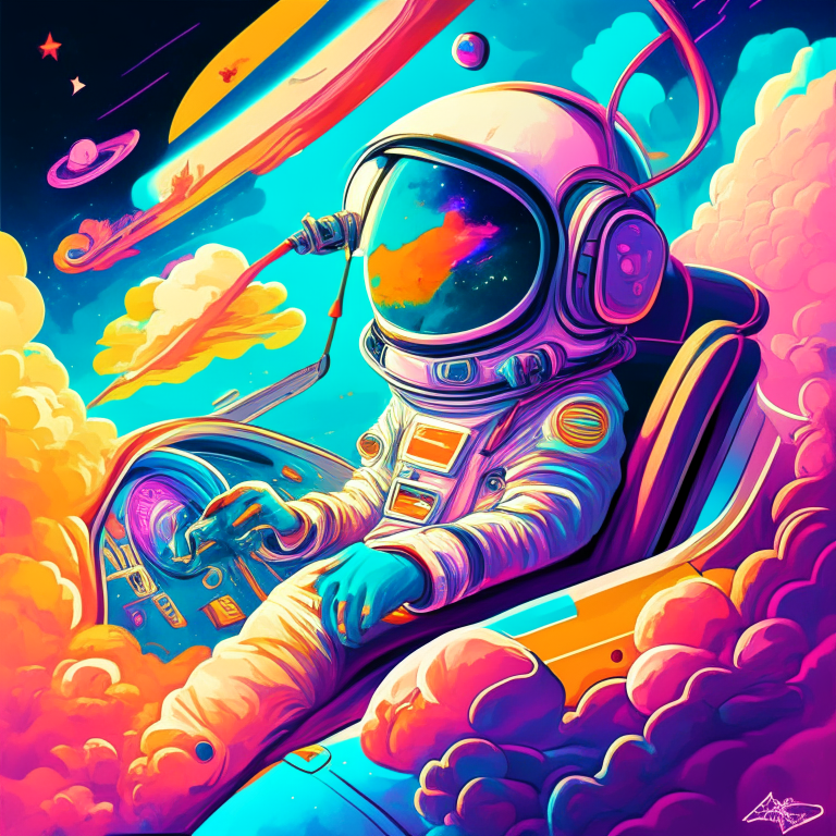 a cute astronaut gangster wearing headphones, holding a weapon and smoking a cigarette while driving a convertible. The astronaut is surrounded by a swirl of energy, with a bright and cheery color scheme featuring a mix of pastel blues, reds, and yellows. The background is a dense, chaotic landscape with a futuristic cityscape visible in the distance. The style is inspired by Atey Ghailan, Eduard Hopper, Greg Tocchini, James Gilleard, and grunge aesthetic graffiti. The image is a close-up of the astronaut's face, with a blurred background.