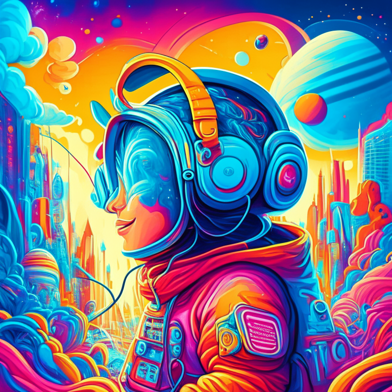 a highly detailed portrait of a cute rapee gangster astronaut listening to music with headphones, surrounded by a swirl of energy, with a bright and cheery color scheme featuring a mix of pastel blues, reds, and yellows, and a colorful cartoon background with a futuristic cityscape visible in the distance