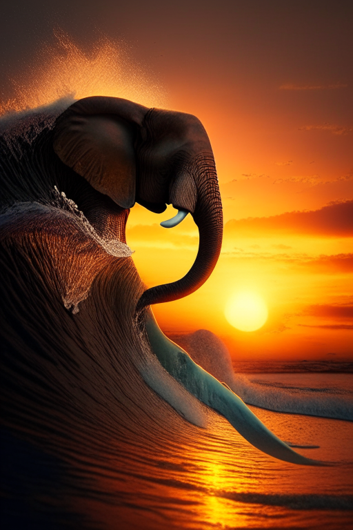 an elephant surfing on a massive wave, with the sun setting in the background