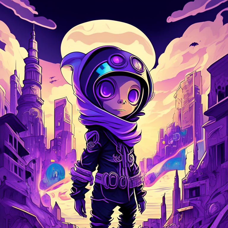 a cute little boy wearing a skull mask and dressed in a nun outfit, with a purple color palette, in a western cartoon art style inspired by Made in Abyss and Hirohiko Araki, standing in front of a futuristic cityscape and surrounded by a swirl of energy