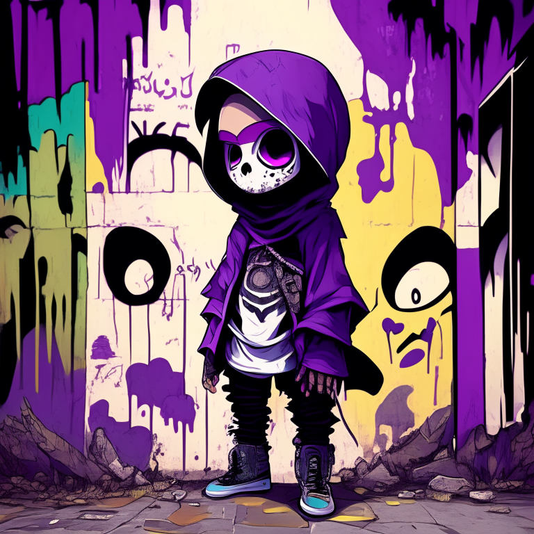 a cute little boy wearing a skull mask and dressed in a nun outfit, with a purple color palette, in a western cartoon art style inspired by Made in Abyss and Hirohiko Araki, standing in front of a colorful grunge aesthetic graffiti wall