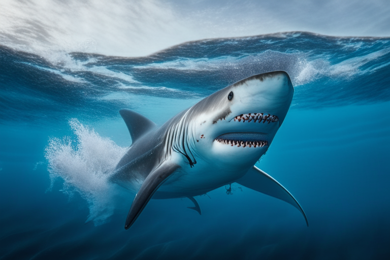 a great white shark swimming in the ocean