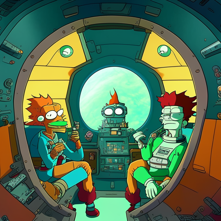 Futurama characters smoking joints in their spaceship cockpit looking at Kepler-23 planet in galaxy. 