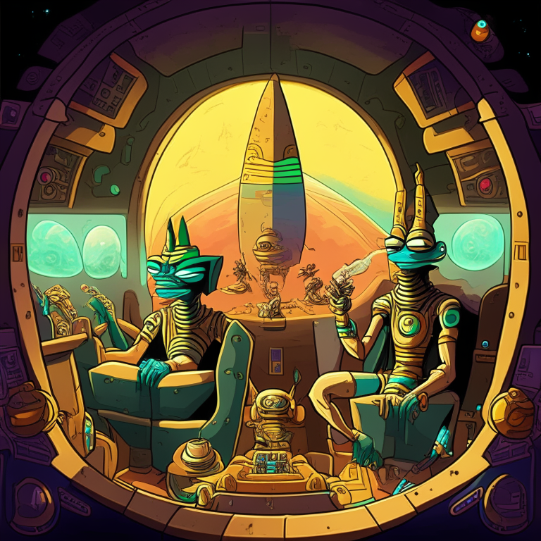 Egyptian Gods in Futurama artwork smoking joints in their spaceship cockpit looking at Kepler-23 planet in galaxy. 