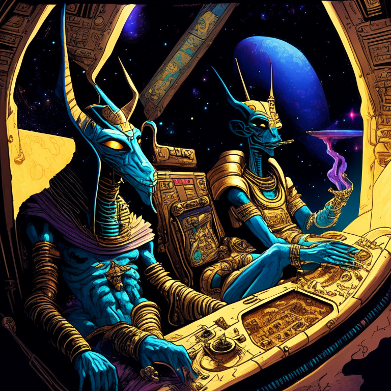 Egyptian Gods in Todd McFarlane artwork smoking joints in their spaceship cockpit looking at the galaxy. 
