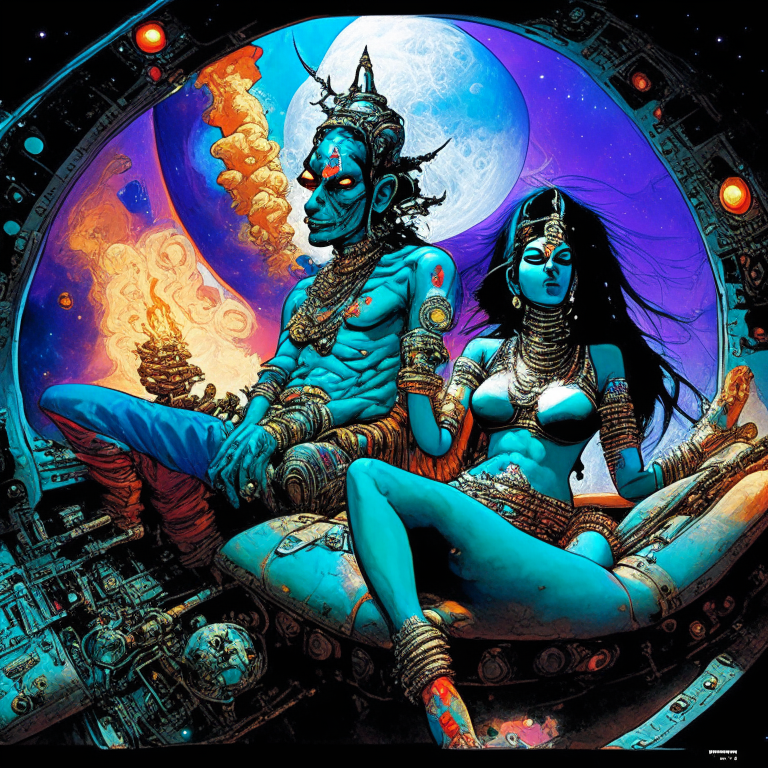 Hindu Gods Shiva and Shakti in Todd McFarlane artwork smoking joints in their spaceship cockpit looking at the galaxy. 
