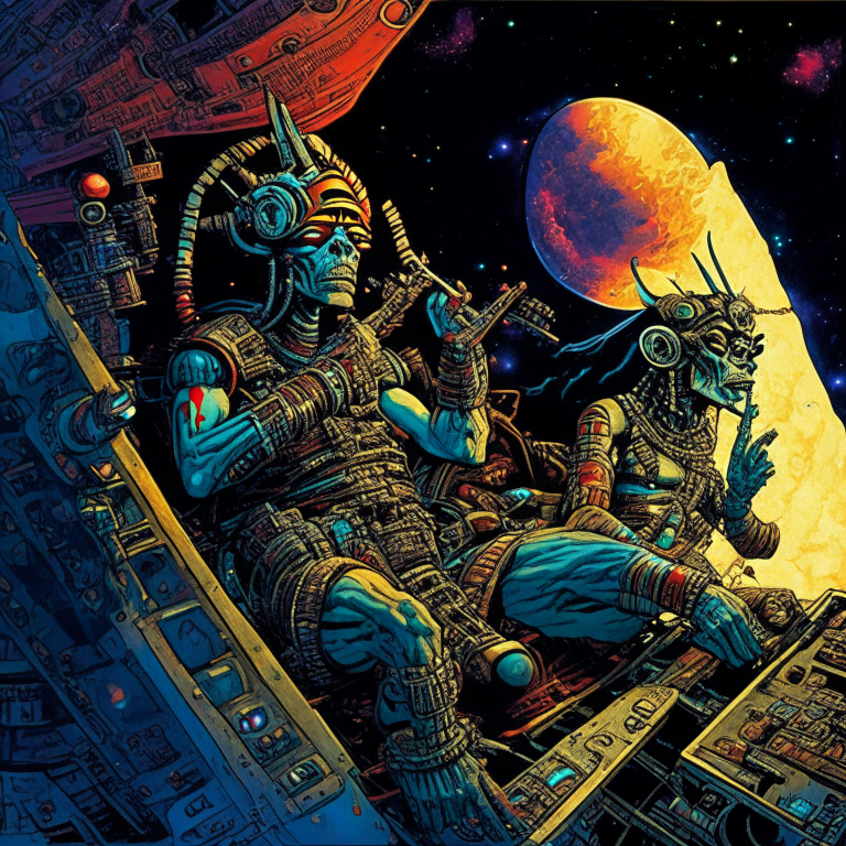 Aztec Gods in Todd McFarlane artwork smoking joints in their spaceship cockpit looking at the galaxy. 