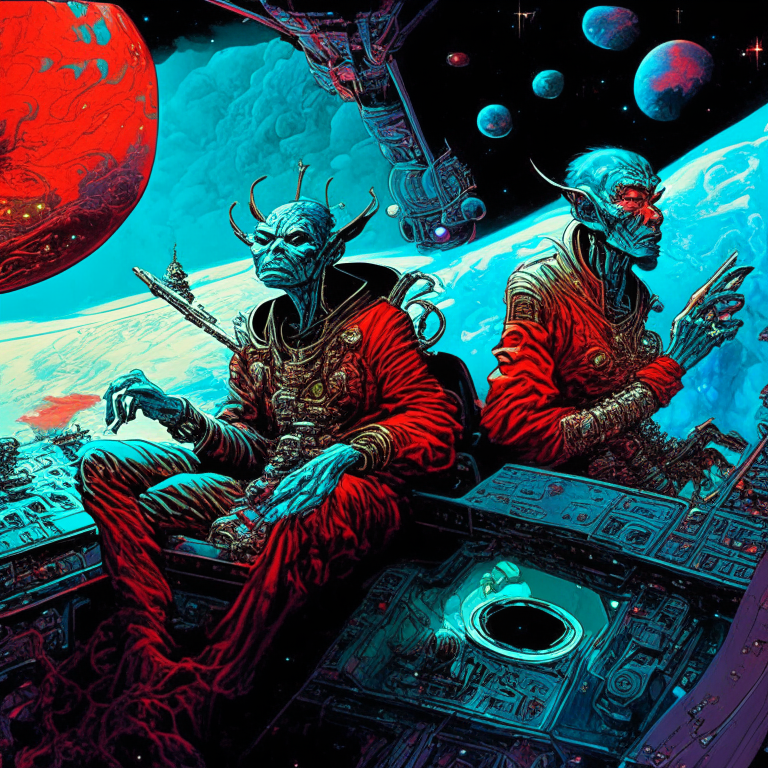 Chinese Gods in Todd McFarlane artwork smoking joints in their spaceship cockpit looking at the galaxy. 