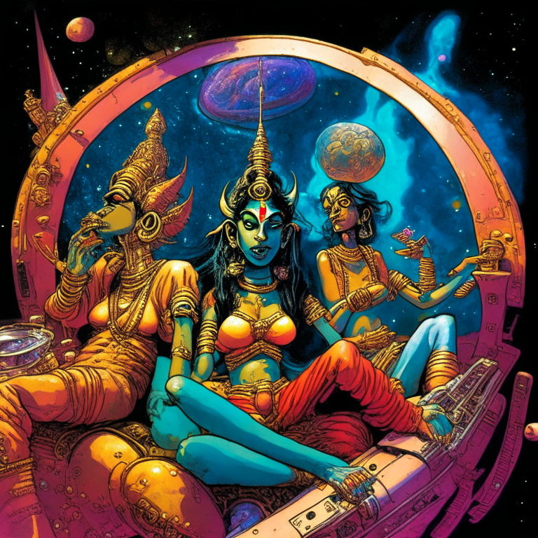 Hindu God Murugan and his 2 wives in Todd McFarlane artwork smoking joints in their spaceship cockpit looking at the galaxy. 