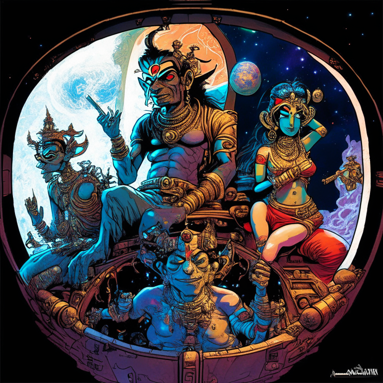 Hindu God Ram, his wife Seetha, Gods Lakshman and Hanuman in Todd McFarlane artwork smoking joints in their spaceship cockpit looking at the galaxy. 