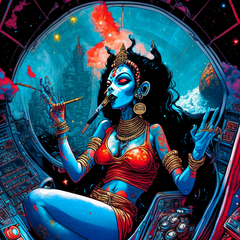 Hindu Goddess Kali in Todd McFarlane artwork smoking joints in their spaceship cockpit looking at the galaxy. 