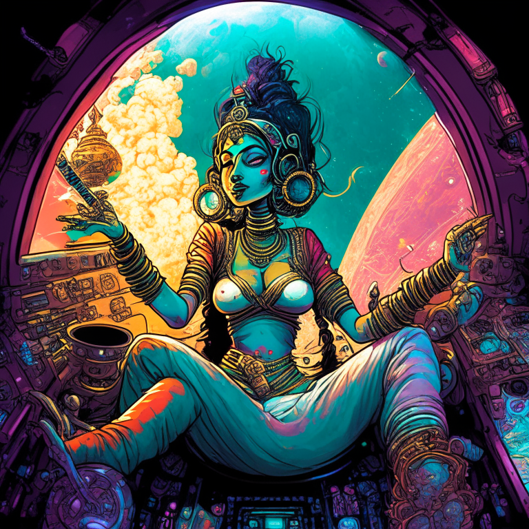 Hindu Goddess saraswathi in Todd McFarlane artwork smoking joints in their spaceship cockpit looking at the galaxy. 