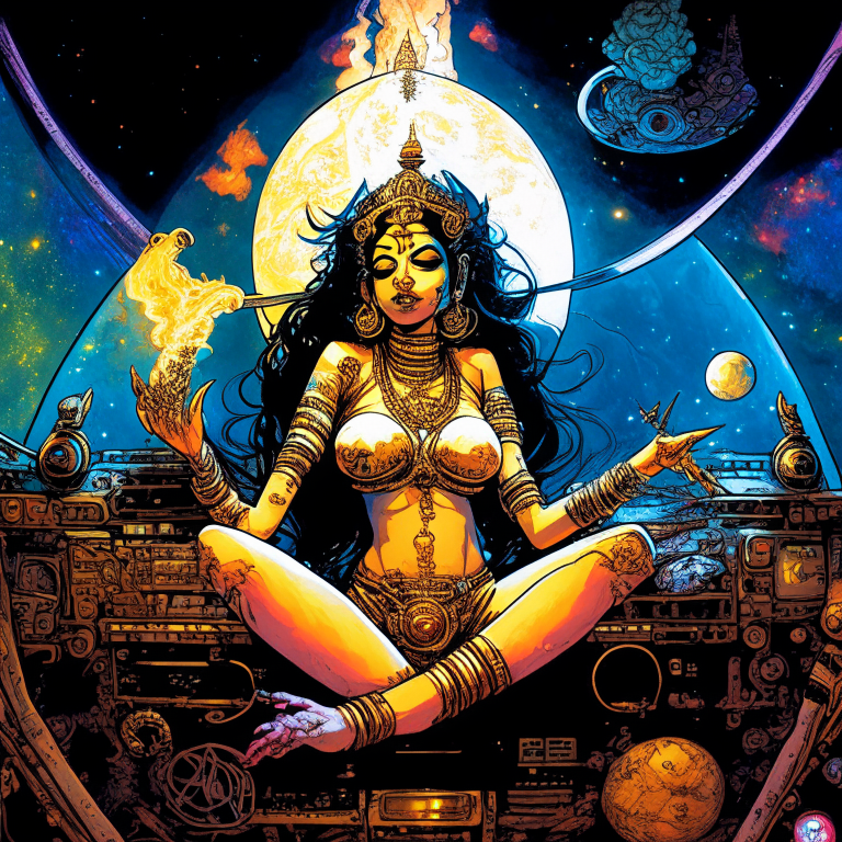 Hindu Goddess Lakshmi in Todd McFarlane artwork smoking joints in their spaceship cockpit looking at the galaxy. 