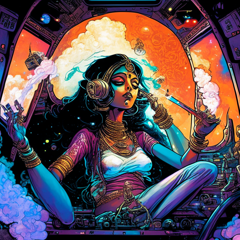 Hindu Goddess Parvathy in Todd McFarlane artwork smoking joints in their spaceship cockpit looking at the galaxy. 