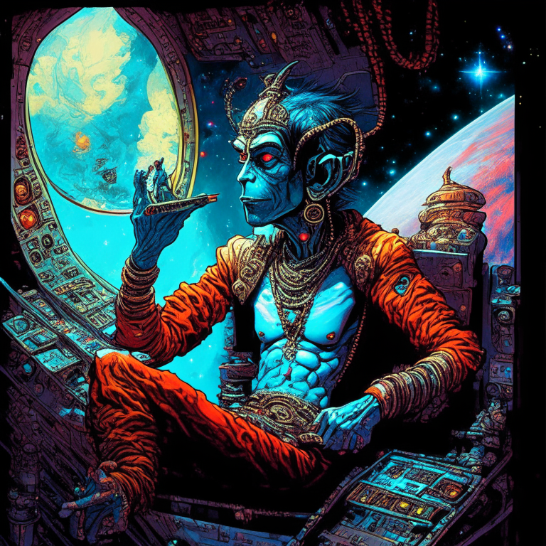 Hindu God bhrama in Todd McFarlane artwork smoking joints in their spaceship cockpit looking at the galaxy. 