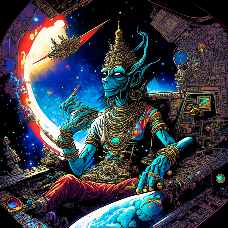 Hindu God vishnu in Todd McFarlane artwork smoking joints in their spaceship cockpit looking at the galaxy. 