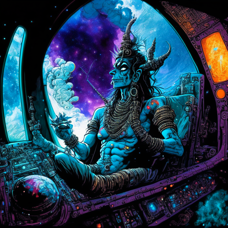 Hindu God Shiva in Todd McFarlane artwork smoking joints in their spaceship cockpit looking at the galaxy. 