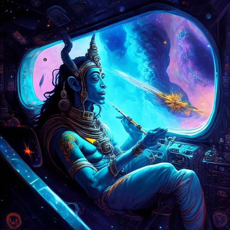Hindu God Shiva in artist Steven Hughes artwork smoking joints in their spaceship cockpit looking at the galaxy. 