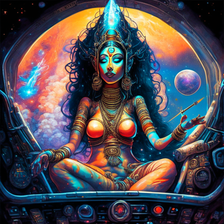 Hindu Goddess Shakti in artist Steven Hughes artwork smoking joints in their spaceship cockpit looking at the galaxy. 