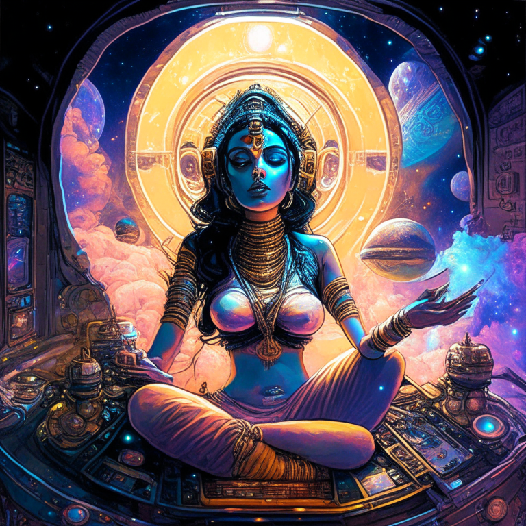 Hindu Goddess Lakshmi in artist Steven Hughes artwork smoking joints in their spaceship cockpit looking at the galaxy. 