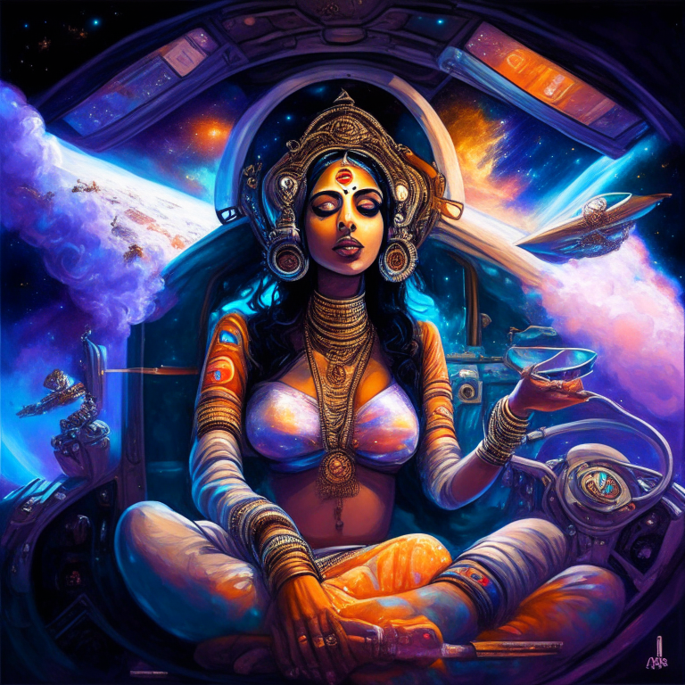 Hindu Goddess Sarasvathy in artist Steven Hughes artwork smoking joints in their spaceship cockpit looking at the galaxy. 