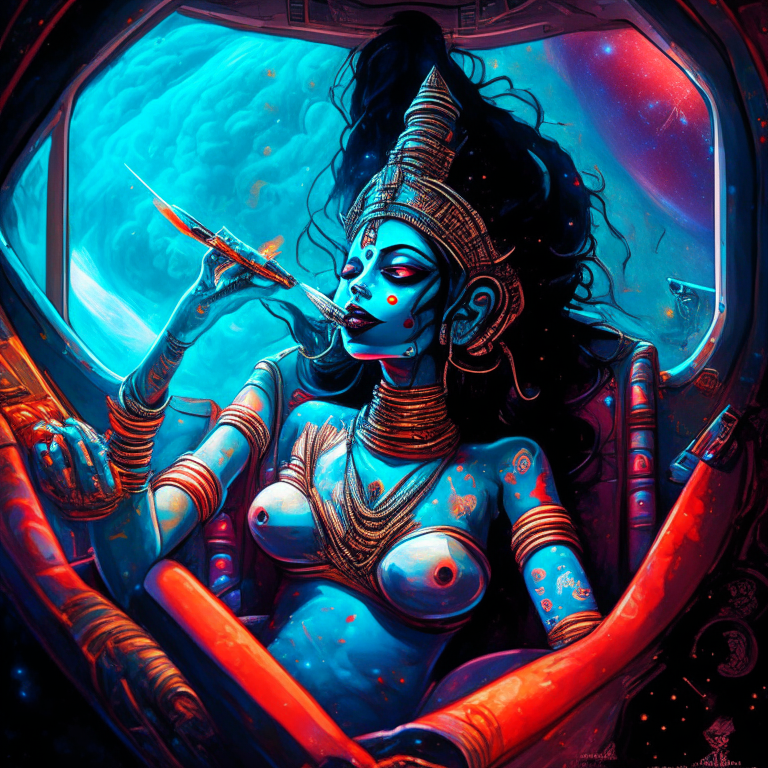 Hindu Goddess Kali in artist Steven Hughes artwork smoking joints in their spaceship cockpit looking at the galaxy. 