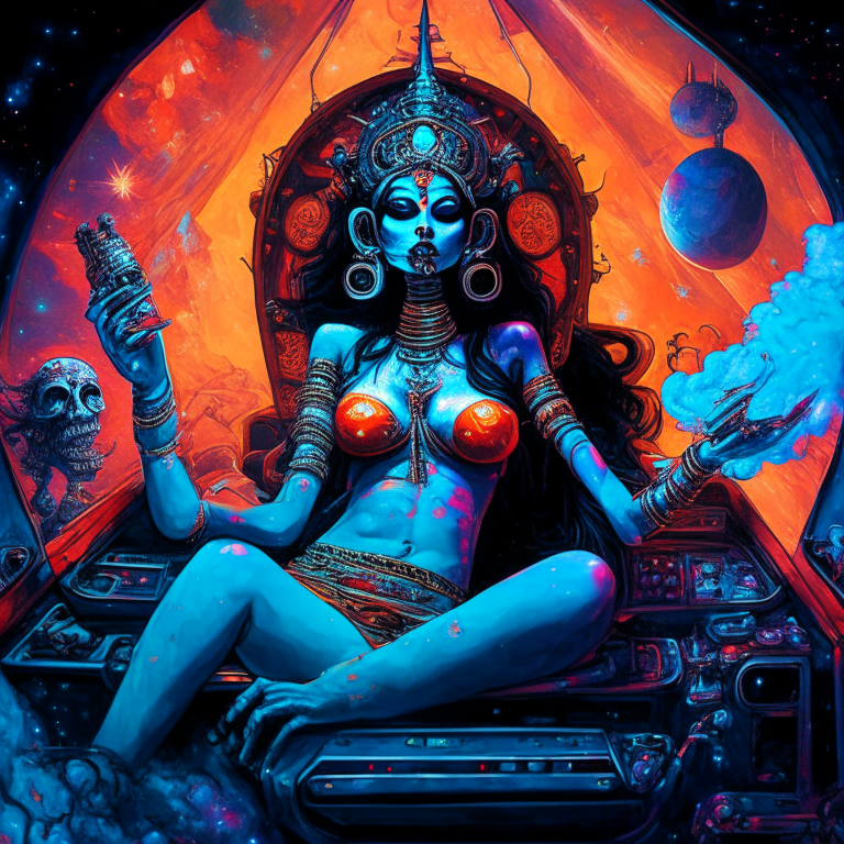 Hindu Goddess Kali in artist Steven Hughes Lady Death artwork smoking joints in their spaceship cockpit looking at the galaxy. 