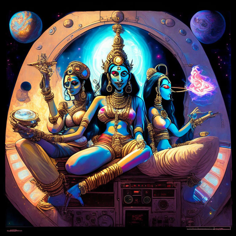 Hindu God Kartkeya and his wives Goddess Devasena Nad Valli in artist Steven Hughes Lady Death artwork smoking joints in their spaceship cockpit looking at the galaxy. 