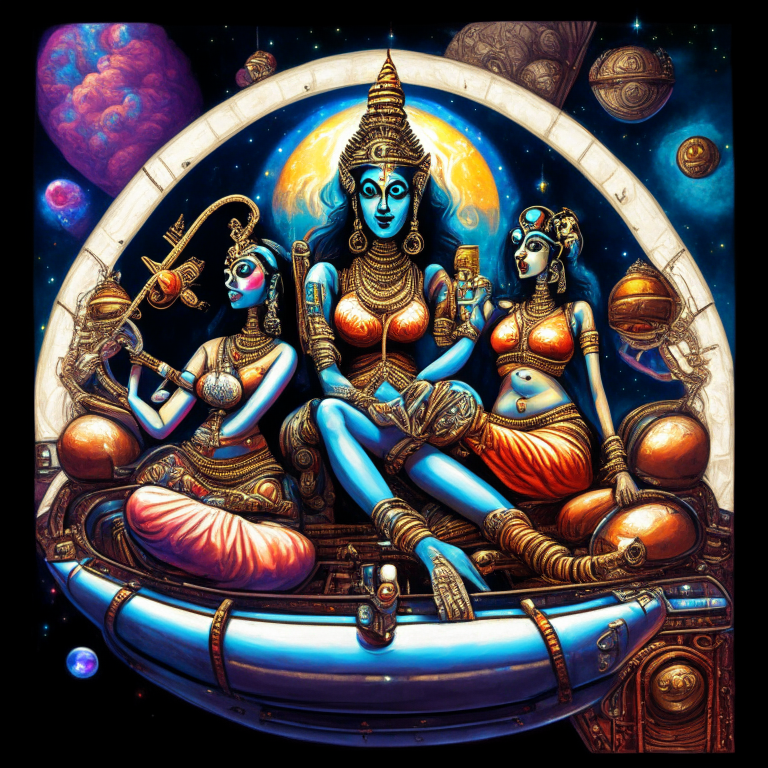 Hindu God Murugan and his 2 wives Goddess Devasena and Goddess Valli in artist Steven Hughes Lady Death artwork smoking joints in their spaceship cockpit looking at the galaxy. 