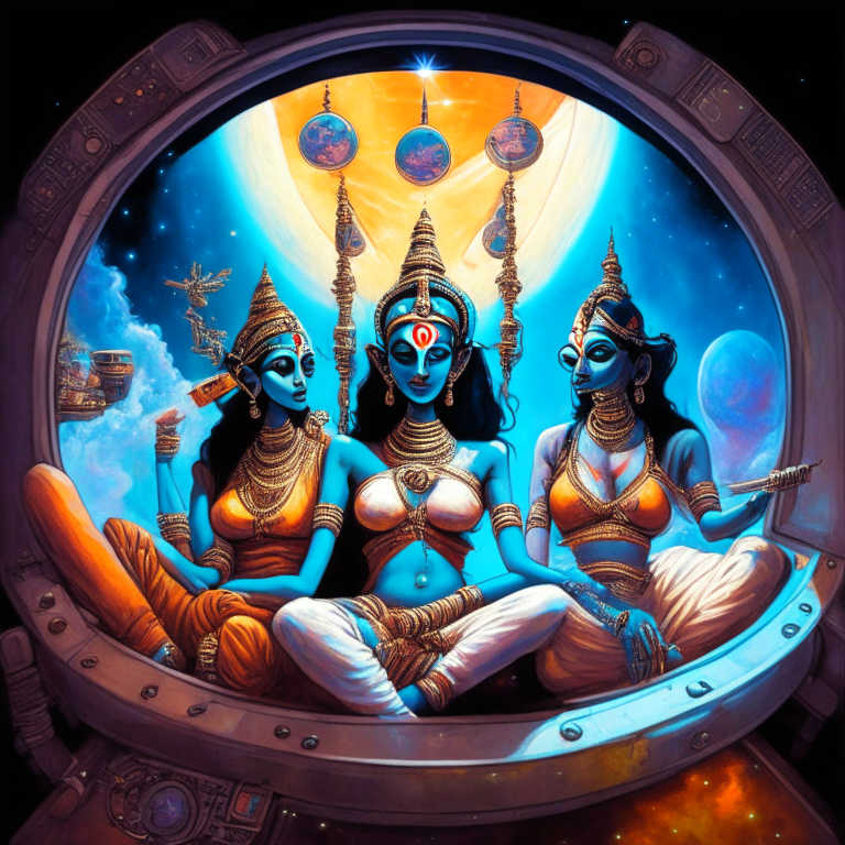 Hindu God Krishna and his 2 wives in artist Steven Hughes artwork smoking joints in their spaceship cockpit looking at the galaxy. 