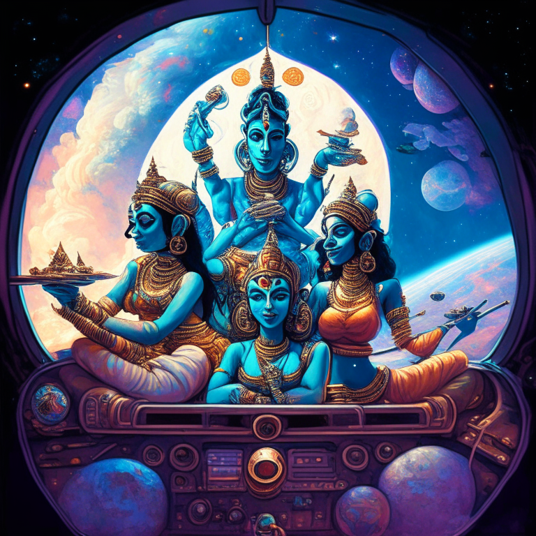 Hindu God Krishna and his wives in artist Steven Hughes artwork smoking joints in their spaceship cockpit looking at the galaxy. 
