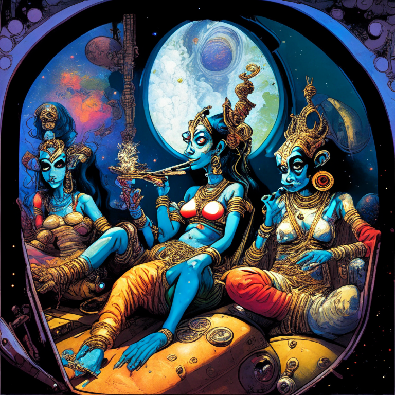 Hindu God Krishna and his wives in artist Todd McFarlane artwork smoking joints in their spaceship cockpit looking at the galaxy. 