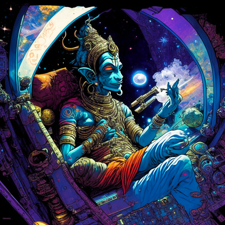 Hindu God Krishna in artist Todd McFarlane artwork smoking joints in their spaceship cockpit looking at the galaxy. 