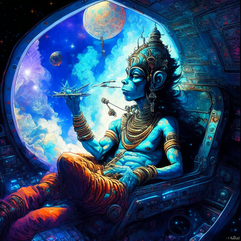 Hindu God Krishna in artist Jim Lee artwork smoking joints in their spaceship cockpit looking at the galaxy. 