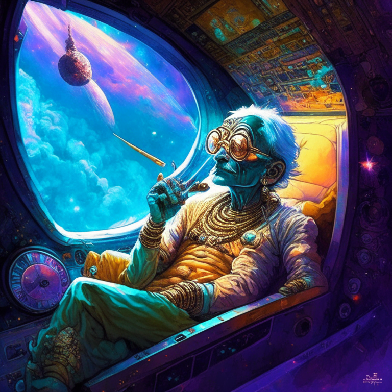 Hindu God Krishna in artist Stan Lee artwork smoking joints in their spaceship cockpit looking at the galaxy. 